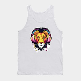 t-shirt design, colorful lion with headphones on, graffiti art Tank Top